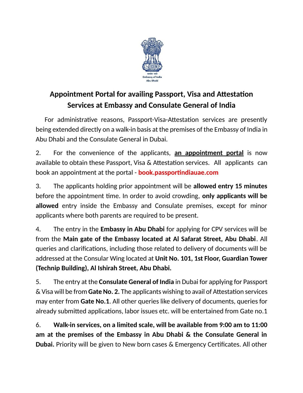 Official notice from the Embassy of India, Abu Dhabi announcing the appointment portal